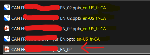 Screenshot of Trados Studio project files with names redacted, showing one file selected with a red arrow pointing to the added language suffix '_en-US_fr-CA'.
