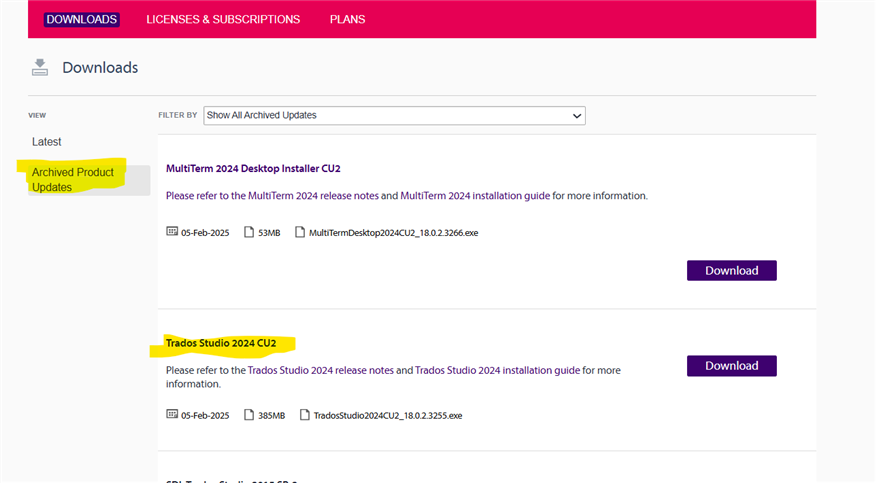 Screenshot of the Downloads page showing Archived Product Updates highlighted on the left. Two products are listed: MultiTerm 2024 Desktop Installer CU2 and Trados Studio 2024 CU2, each with a Download button.