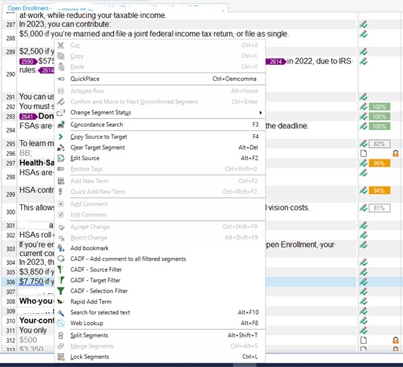 Trados Studio screenshot showing an editable source segment with a list item and tags, context menu open with 'Edit Source' option available.