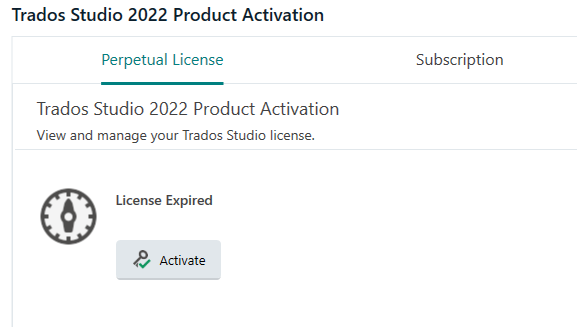 Trados Studio 2022 Product Activation window showing Perpetual License tab selected with a message 'License Expired' and an 'Activate' button.