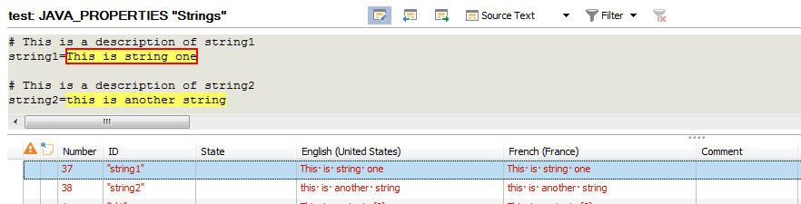 Screenshot of Trados Studio showing JAVA_PROPERTIES 'Strings' file with comments above keyvalue pairs and corresponding translation columns for English and French.