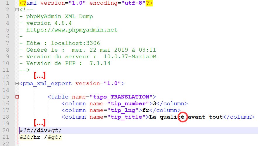 Screenshot of an XML file in Trados Studio editor showing French text with an accented letter 'e' displayed correctly.