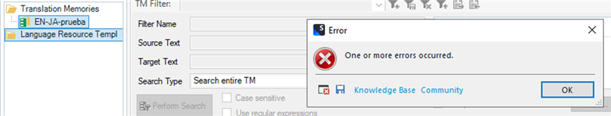 Screenshot of Trados Studio showing Translation Memories panel with EN-JA language pair and an error message window stating 'One or more errors occurred.'