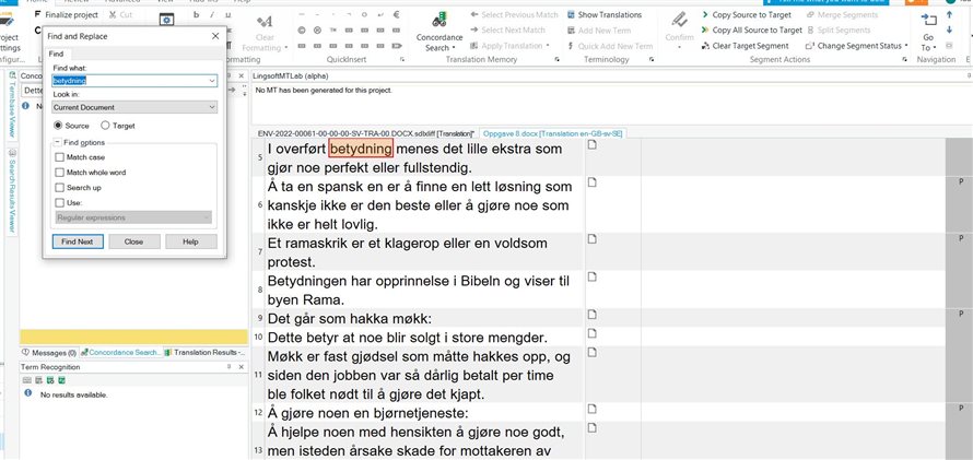 Trados Studio search window open with no search term entered, editor window in the background showing a different segment selected.