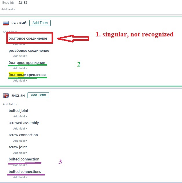 Screenshot of MultiTerm 2024 entry showing Russian terms for 'bolted connections' with a red arrow pointing to a singular form not recognized by the system.
