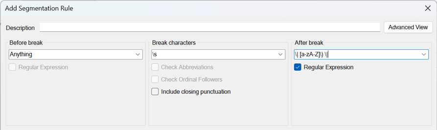 Screenshot of the 'Add Segmentation Rule' dialog in Trados Studio with an attempted regular expression entered to define break characters.