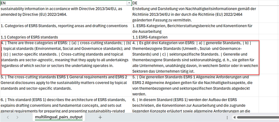Screenshot of a bilingual Excel file in Trados Studio with English and German text, highlighting the lack of semicolon before enumeration markers in German.
