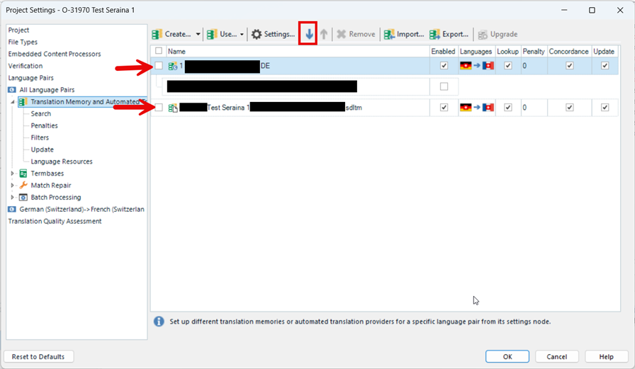 Project settings window with 'Translation Memory and Automated Translation' highlighted, showing two TMs listed with arrows to adjust their order.