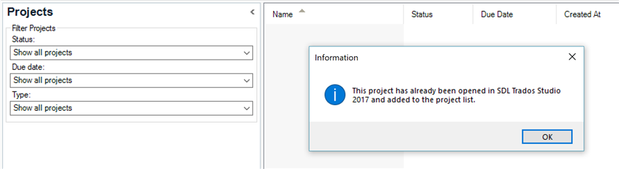 Trados Studio screenshot showing the Projects filter options all set to 'Show all projects'.