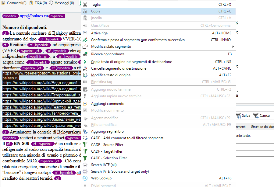 Screenshot of Trados Studio interface with multiple hyperlinks and a dropdown menu for copy-paste options.