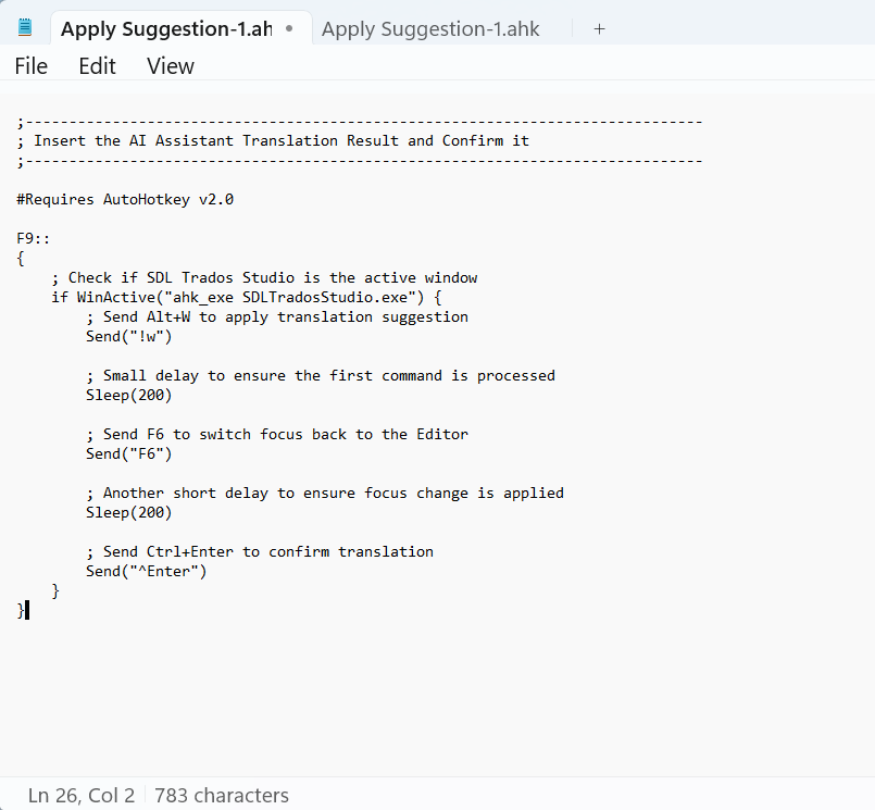 Screenshot of an AutoHotkey script editor with code for a script named 'Apply Suggestion-1.ahk'. The script includes a hotkey F9 to send Alt+W, a delay, F6, another delay, and Ctrl+Enter when SDL Trados Studio is active.