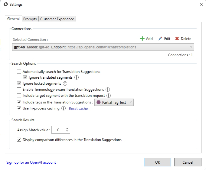 Screenshot of settings dialog for AI translation software. Options for 'Ignore translated segments' and 'Enable Terminology-aware Translation Suggestions' are checked. Connection to 'gpt-4o' is established.