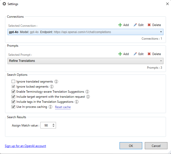 Screenshot of AI translation settings with 'Enable Terminology-aware Translation Suggestions' checked and 'Ignore translated segments' unchecked.