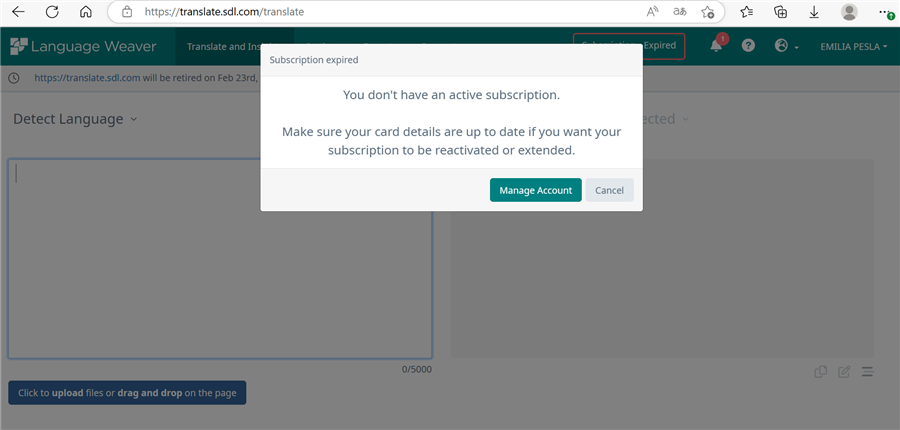 Screenshot of Language Weaver online translation editor with a pop-up message stating 'Subscription expired' and options to manage account or cancel.