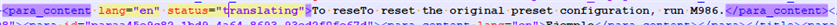 Screenshot of exported XML file displaying a line of code with a translation error. The English phrase 'To reset' is incorrectly merged with the code, causing a formatting issue.