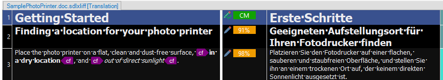 Screenshot of Trados Studio Ideas showing text comparison between 'Getting Started' in English and 'Erste Schritte' in German with color customization.