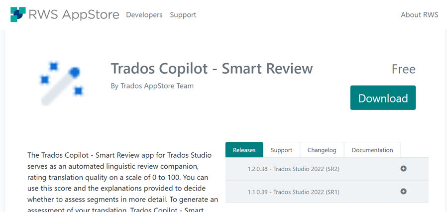 RWS AppStore page showing Trados Copilot - Smart Review app. It's marked as free with a 'Download' button. A description of the app and versions for Trados Studio 2022 are visible.
