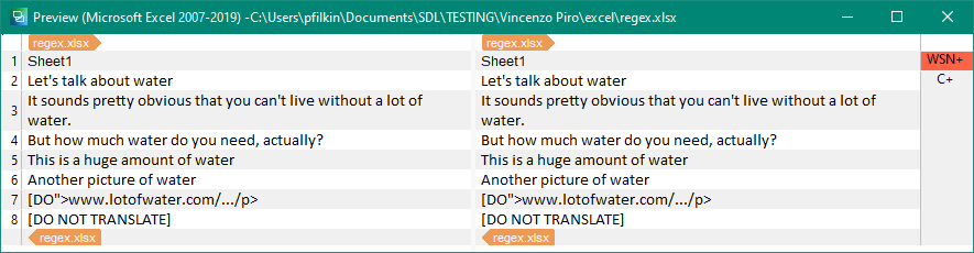 Preview of an Excel file in Trados Studio with text segments in two columns, original and translated, highlighting a URL that should not be translated.