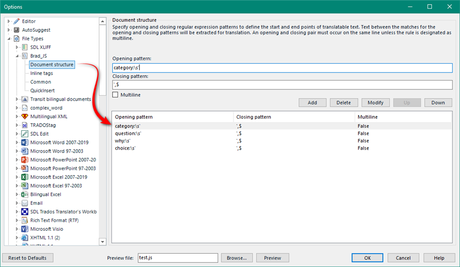 Trados Studio options window showing Document structure settings with opening and closing patterns for category, question, and choice.
