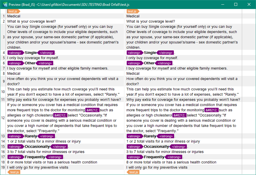 Preview of test.js file in Trados Studio with highlighted strong HTML tags and entity placeholders in the text.