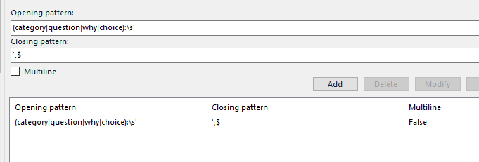 Close-up of Trados Studio Document structure settings with opening and closing patterns for category, question, and choice.