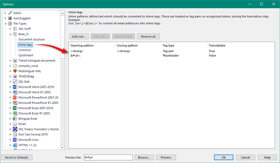 Trados Studio options window showing Inline tags settings with opening and closing patterns for strong HTML tag and entity placeholder.
