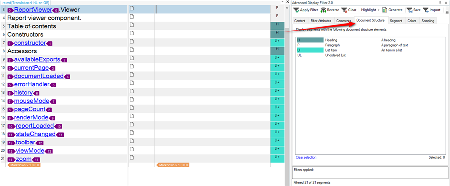 Trados Studio interface showing the Advanced Display Filter with options to filter content by headings, paragraphs, and lists. The filter has been applied, showing 21 of 21 segments.