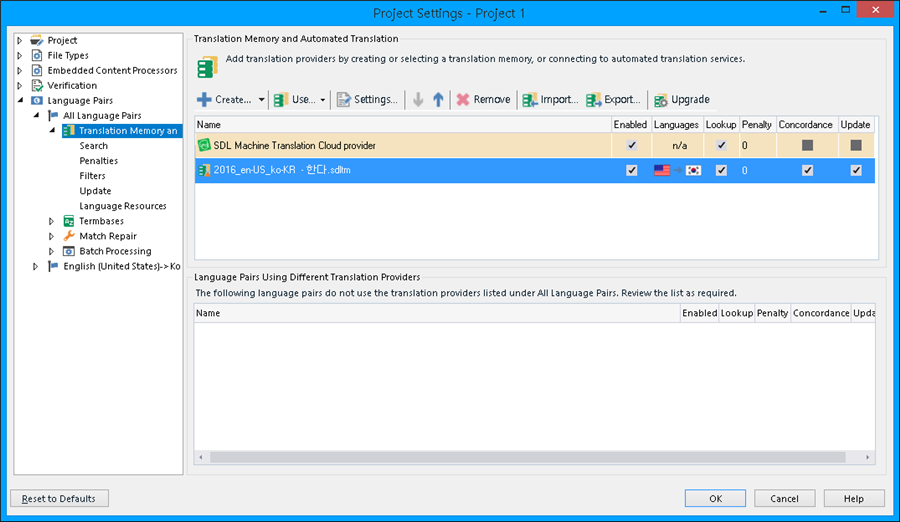 Trados Studio Project Settings window showing Translation Memory and Automated Translation section with 'SDL Machine Translation Cloud provider' and '2016_enUS_koKR' listed. No errors or warnings visible.