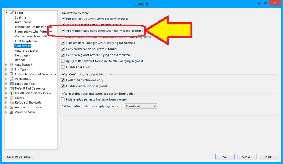 Trados Studio Options window with Editor settings open, showing an arrow pointing to the 'Apply automated translation when no TM match is found' checkbox.