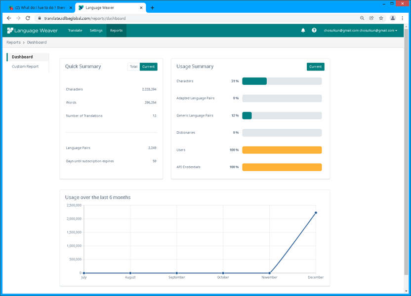 Language Weaver dashboard screenshot showing a 'Quick Summary' of characters, words, and number of translations, and a 'Usage Summary' with a graph of usage over the last 6 months, indicating subscription expires in 59 days.