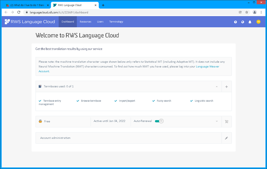 Screenshot of RWS Language Cloud dashboard displaying a message about machine translation character usage and a section labeled 'Free' with active status until January 4, 2022, and auto-renewal enabled.