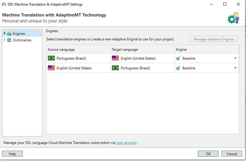 Trados Studio screenshot showing Machine Translation with AdaptiveMT Technology settings. The 'Manage Adaptive Engines' button is greyed out and unclickable. Two language pairs are listed: Portuguese (Brazil) to English (United States) and English (United States) to Portuguese (Brazil), both using the Baseline engine.