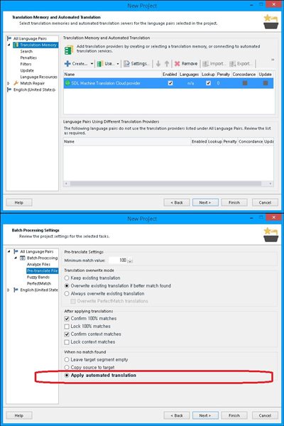 Trados Studio New Project window showing Translation Memory and Automated Translation settings with Language Weaver selected as the machine translation cloud provider.