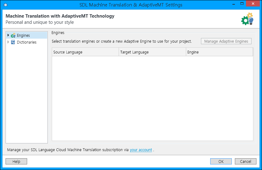Screenshot of SDL Machine Translation & AdaptiveMT Settings window showing options for Engines and Dictionaries. No translation engines or adaptive engines are selected or displayed.