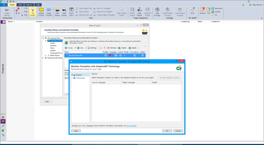 Trados Studio screenshot showing the 'New Project' window with 'Machine Translation with SDL Language Weaver' settings open, indicating selection of source and target languages.