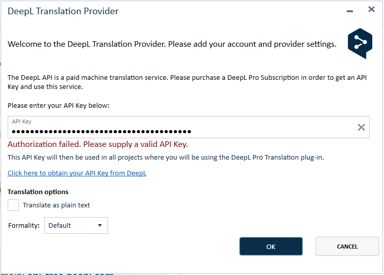 DeepL Translation Provider settings window with an error message 'Authorization failed. Please supply a valid API Key.' The entered API Key is obscured with dots.