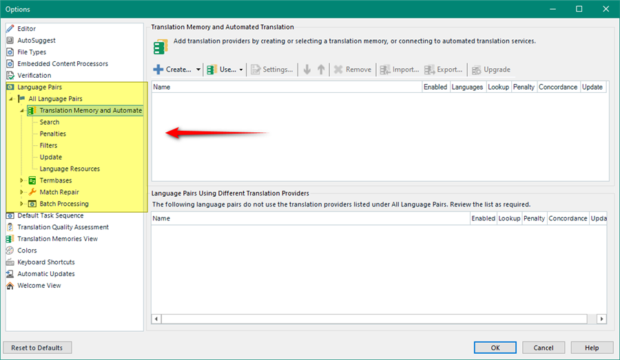 Trados Studio options window showing Translation Memory and Automated Translation settings with an arrow pointing to an empty list of language pairs.
