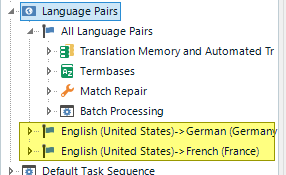 Trados Studio sidebar menu displaying Language Pairs with English (United States) to German (Germany) and English (United States) to French (France) language pairs.