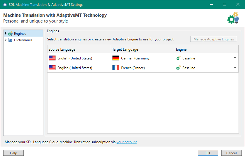 SDL Machine Translation & AdaptiveMT Settings window showing source language English (United States) with target languages German (Germany) and French (France) both using Baseline engine.