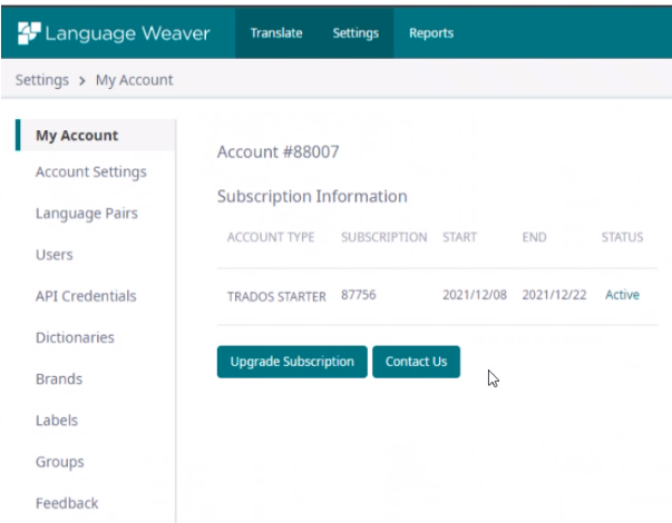 Language Weaver portal showing 'My Account' section with account number, subscription information for Trados Starter plan, and options to 'Upgrade Subscription' or 'Contact Us'.
