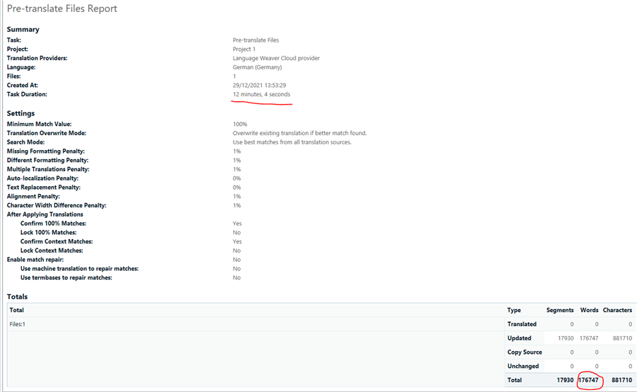 Trados Studio Pre-translate Files Report showing task details, settings, and totals. Task duration is 12 minutes, 4 seconds. 176747 words updated.