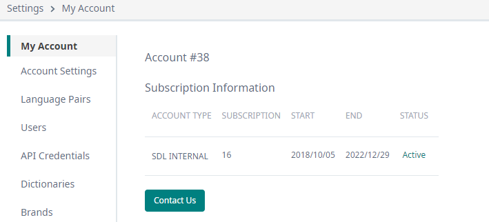 Trados Studio My Account settings page showing Subscription Information with Account Type SDL INTERNAL, Subscription 16, Start date 20181005, End date 20221229, and Status Active. A Contact Us button is visible.