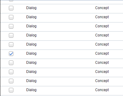Screenshot showing a list of topics in Trados Studio with the topic name 'Dialog' selected, indicating the variable replacement issue.