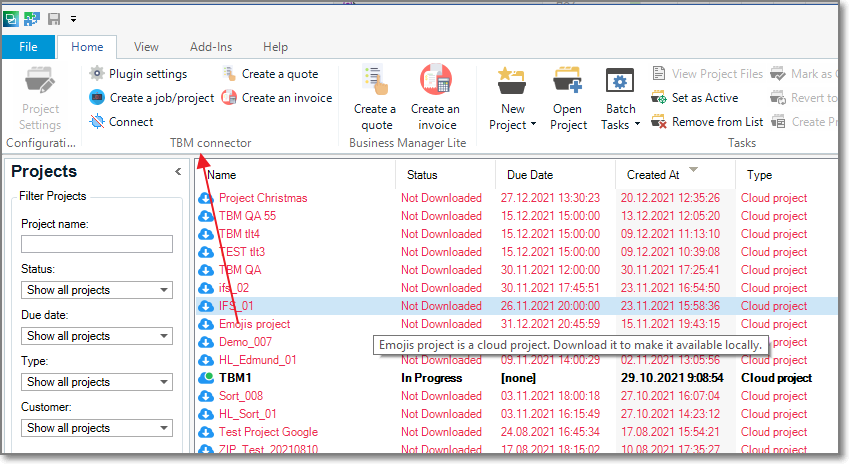 Trados Studio interface displaying the Projects tab with a list of projects and their statuses, due dates, and creation dates. TBM connector and other options are visible in the toolbar.