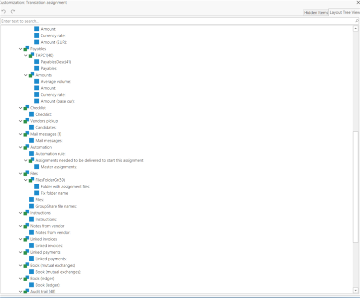 Screenshot of Trados Studio customization for Translation assignment with settings for Payables, Checklist, Mail messages, Automation, Files, Notes from vendor, Linked invoices, Linked payments, and Audit trail.