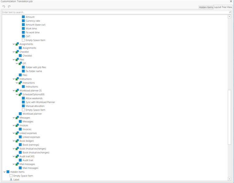 Screenshot of Trados Studio customization for Translation job showing various settings including Work time, CAT, Assignments, Files, Instructions, Workload planner, Messages, Invoices, and Hidden Items.