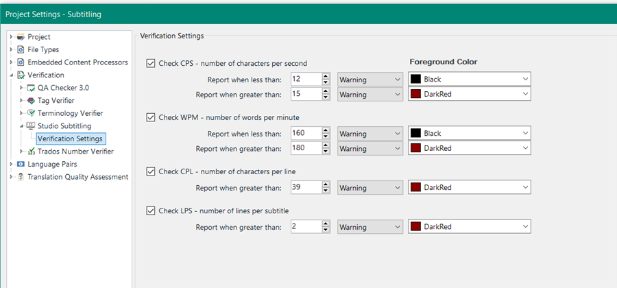 Trados Studio Verification Settings under Subtitling with parameters for characters per second, words per minute, and characters per line set with warning thresholds.