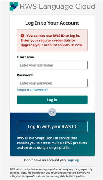 RWS Language Cloud login screen with an error message stating 'You cannot use RWS ID to log in. Enter your regular credentials to upgrade your account to RWS ID now.' Options to enter username and password are present, along with 'Log In with your RWS ID' button.