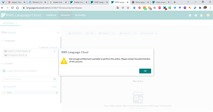 Screenshot of RWS Language Cloud interface showing an error message: 'Not enough entitlements available to perform this action. Please contact the administrator of this account.' with an OK button.