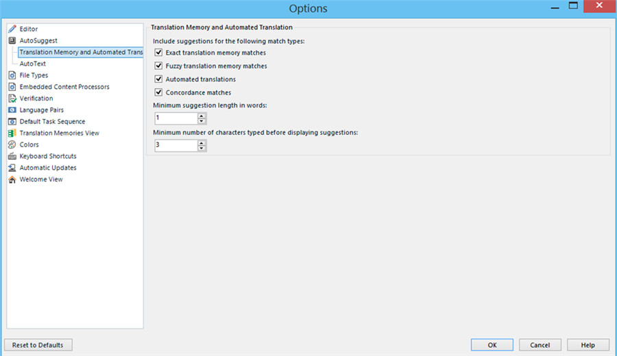 Trados Studio Options window showing Translation Memory and Automated Translation settings, no issues detected.